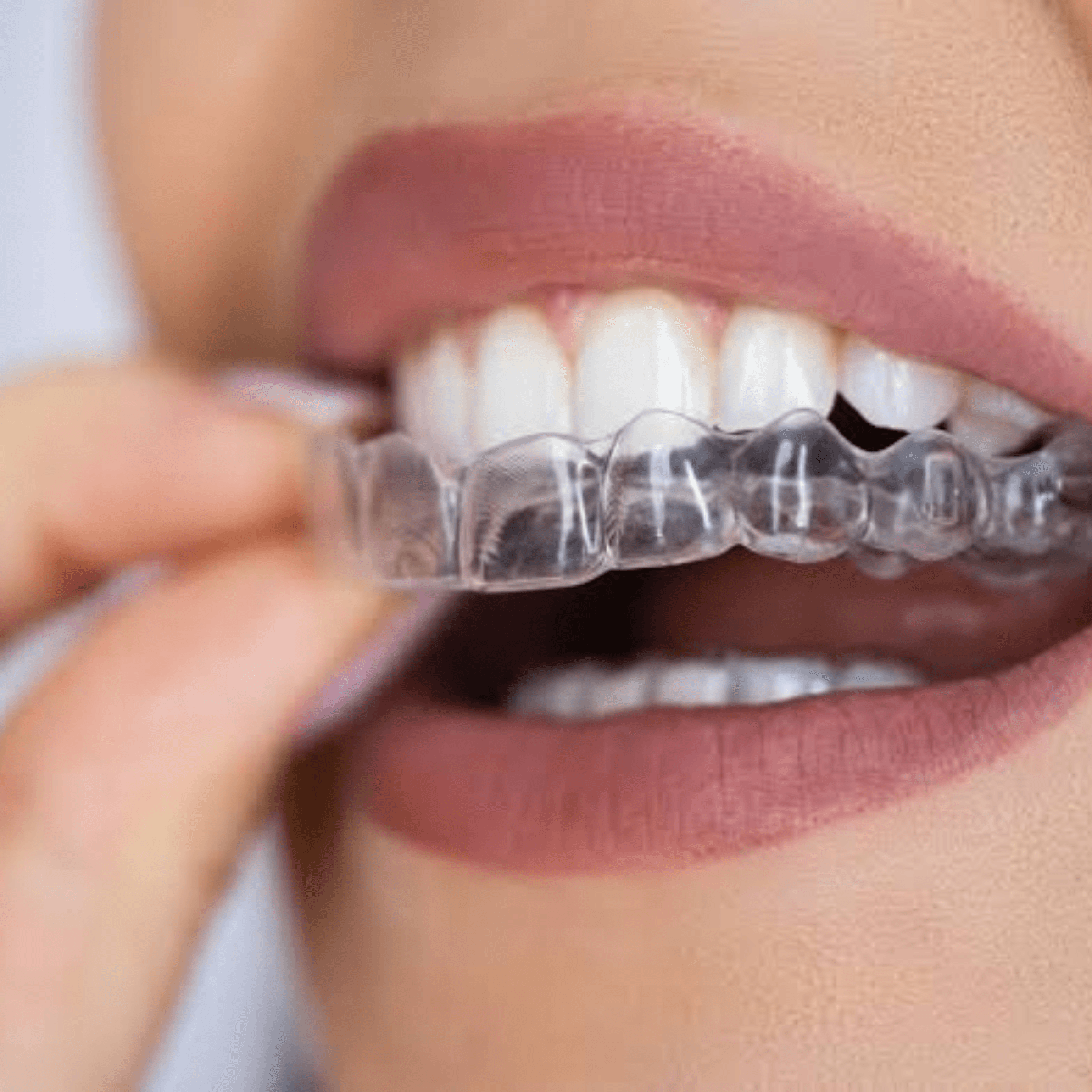 A patient displaying a clean, clear aligner on their teeth, showing near-invisible orthodontic correction
