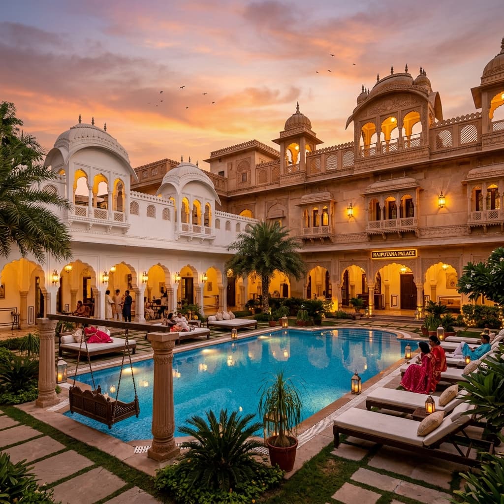 A traveler smiling outdoors in a historic Indian city, showcasing dental tourism services for NRI patients